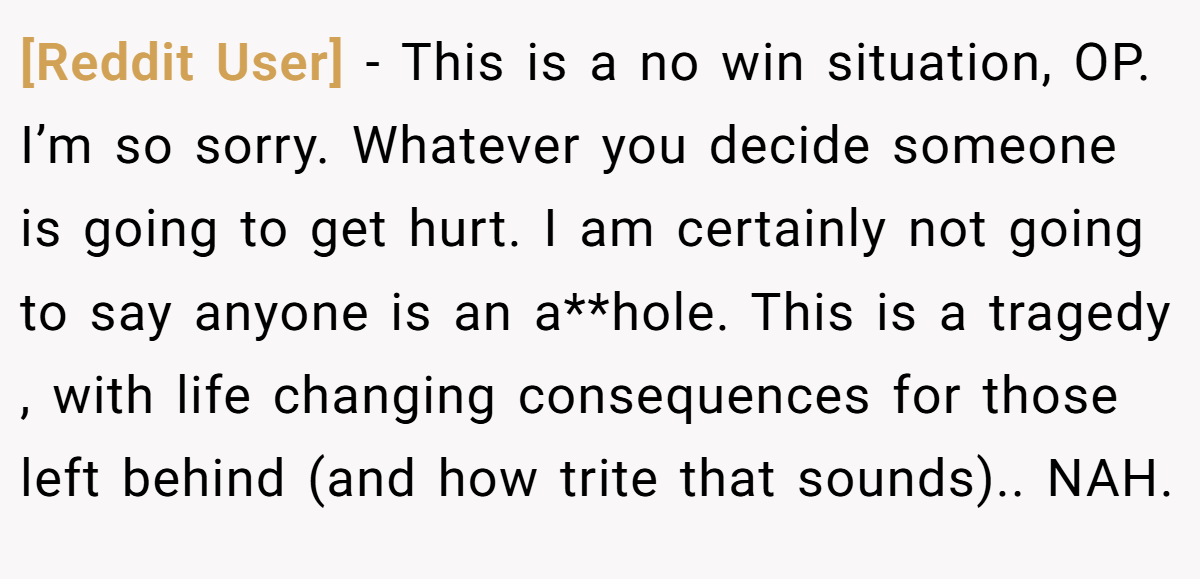 [Reddit User] - This is a no win situation, OP. I’m so sorry. Whatever you decide someone is going to get hurt. I am certainly not going to say anyone is an a**hole. This is a tragedy , with life changing consequences for those left behind (and how trite that sounds).. NAH.
