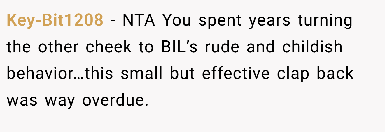 Key-Bit1208 - NTA You spent years turning the other cheek to BIL’s rude and childish behavior…this small but effective clap back was way overdue.