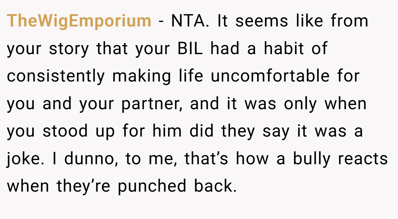 TheWigEmporium - NTA. It seems like from your story that your BIL had a habit of consistently making life uncomfortable for you and your partner, and it was only when you stood up for him did they say it was a joke. I dunno, to me, that’s how a bully reacts when they’re punched back.