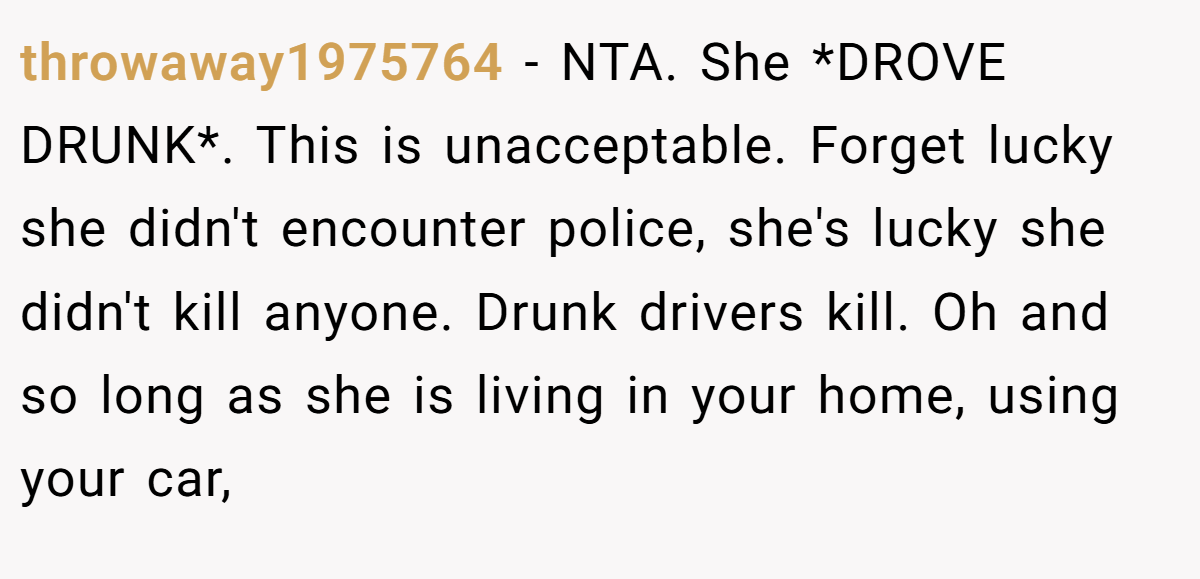 throwaway1975764 − NTA. She *DROVE DRUNK*. This is unacceptable. Forget lucky she didn't encounter police, she's lucky she didn't kill anyone. Drunk drivers kill. Oh and so long as she is living in your home, using your car,