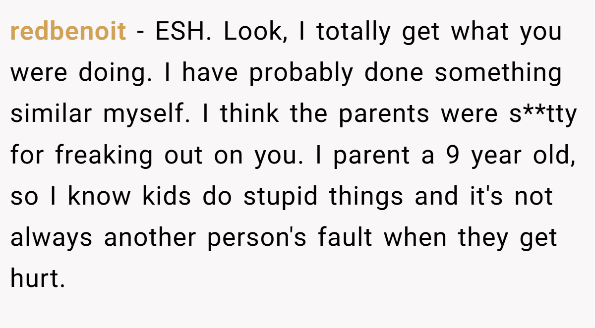 redbenoit − ESH. Look, I totally get what you were doing. I have probably done something similar myself. I think the parents were s**tty for freaking out on you. I parent a 9 year old, so I know kids do stupid things and it's not always another person's fault when they get hurt.