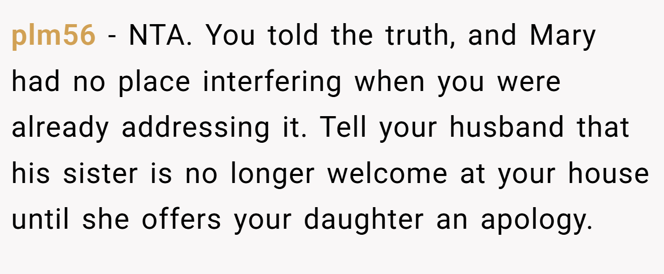 plm56 - NTA. You told the truth, and Mary had no place interfering when you were already addressing it. Tell your husband that his sister is no longer welcome at your house until she offers your daughter an apology.