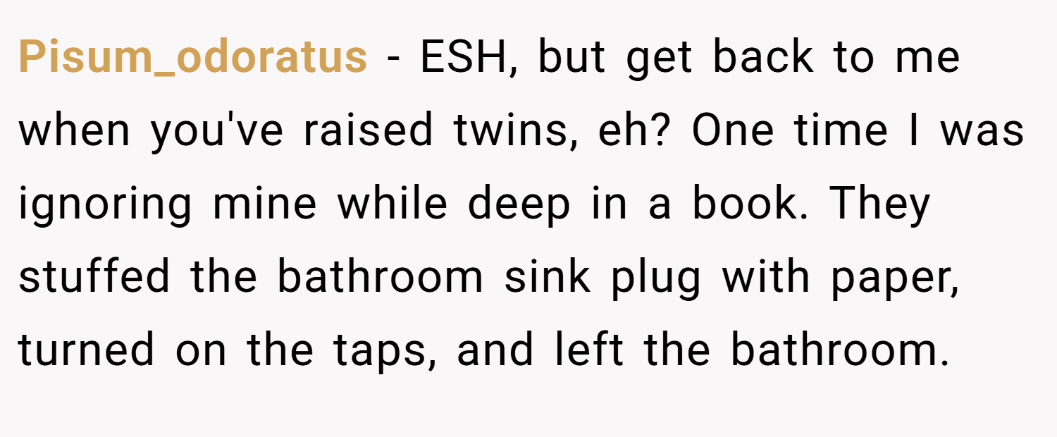 Pisum_odoratus − ESH, but get back to me when you've raised twins, eh? One time I was ignoring mine while deep in a book. They stuffed the bathroom sink plug with paper, turned on the taps, and left the bathroom.