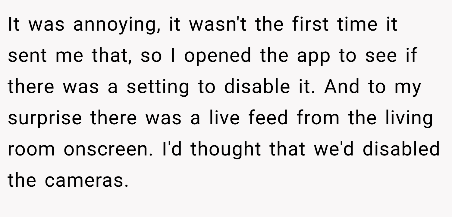 It was annoying, it wasn't the first time it sent me that, so I opened the app to see if there was a setting to disable it. And to my surprise there was a live feed from the living room onscreen. I'd thought that we'd disabled the cameras.