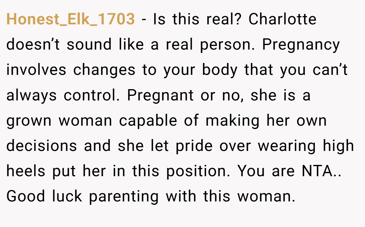 Honest_Elk_1703 − Is this real? Charlotte doesn’t sound like a real person. Pregnancy involves changes to your body that you can’t always control. Pregnant or no, she is a grown woman capable of making her own decisions and she let pride over wearing high heels put her in this position. You are NTA.. Good luck parenting with this woman.