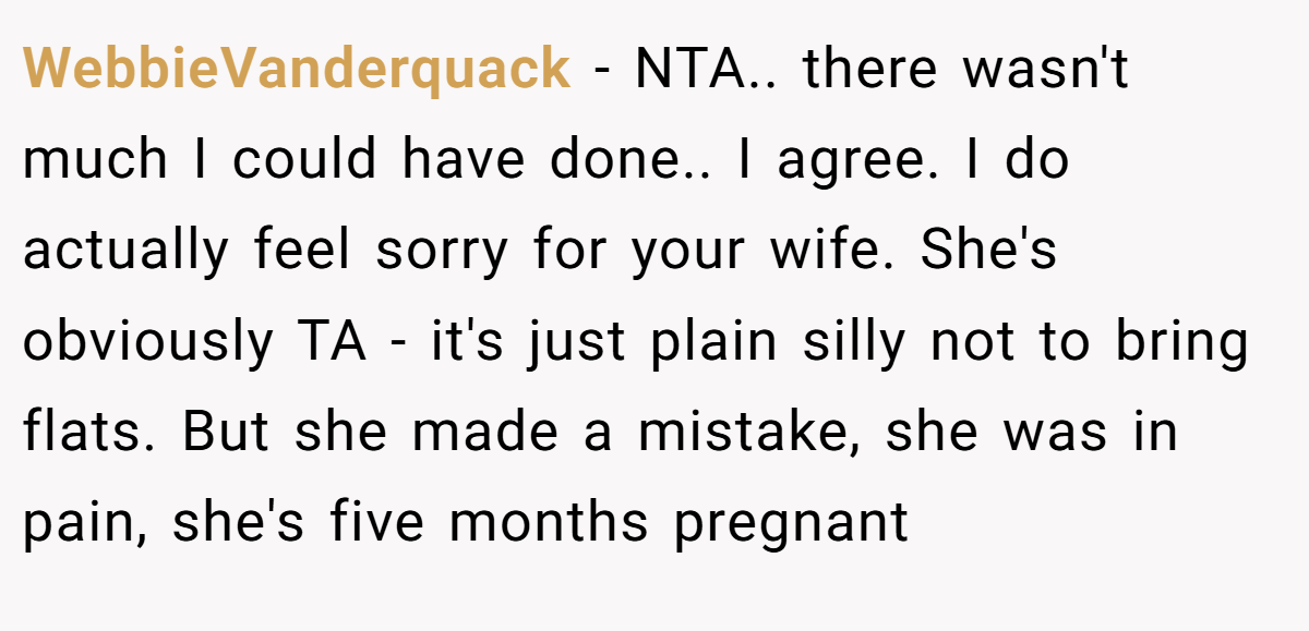 WebbieVanderquack − NTA.. there wasn't much I could have done.. I agree. I do actually feel sorry for your wife. She's obviously TA - it's just plain silly not to bring flats. But she made a mistake, she was in pain, she's five months pregnant