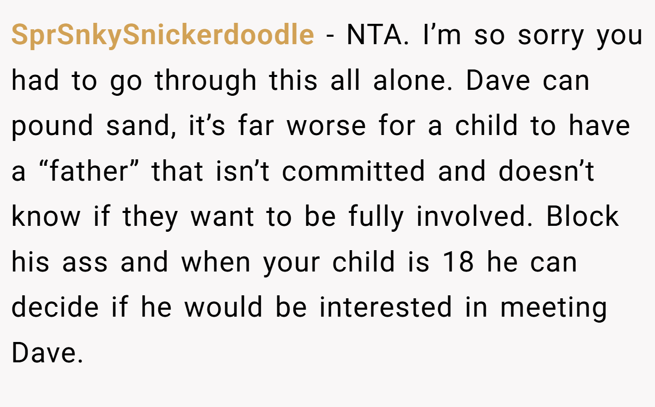 SprSnkySnickerdoodle - NTA. I’m so sorry you had to go through this all alone. Dave can pound sand, it’s far worse for a child to have a “father” that isn’t committed and doesn’t know if they want to be fully involved. Block his ass and when your child is 18 he can decide if he would be interested in meeting Dave.