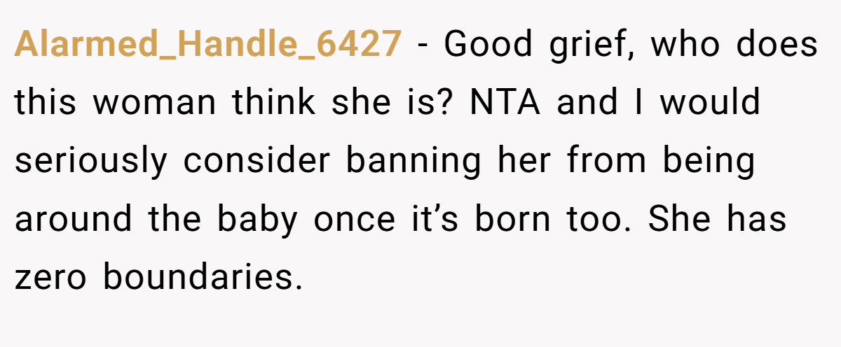 Alarmed_Handle_6427 − Good grief, who does this woman think she is? NTA and I would seriously consider banning her from being around the baby once it’s born too. She has zero boundaries.
