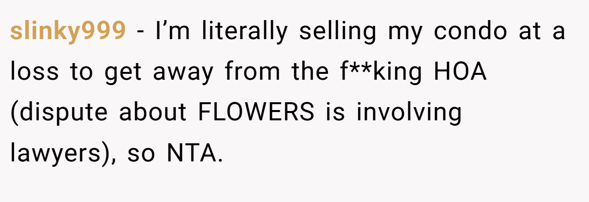 slinky999 - I’m literally selling my condo at a loss to get away from the f**king HOA (dispute about FLOWERS is involving lawyers), so NTA.