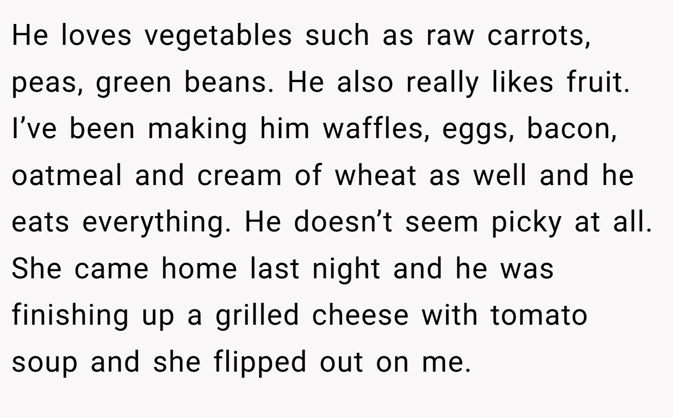 He loves vegetables such as raw carrots, peas, green beans. He also really likes fruit. I’ve been making him waffles, eggs, bacon, oatmeal and cream of wheat as well and he eats everything. He doesn’t seem picky at all. She came home last night and he was finishing up a grilled cheese with tomato soup and she flipped out on me.