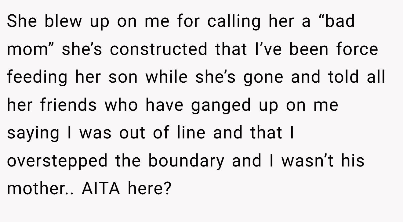She blew up on me for calling her a “bad mom” she’s constructed that I’ve been force feeding her son while she’s gone and told all her friends who have ganged up on me saying I was out of line and that I overstepped the boundary and I wasn’t his mother.. AITA here?