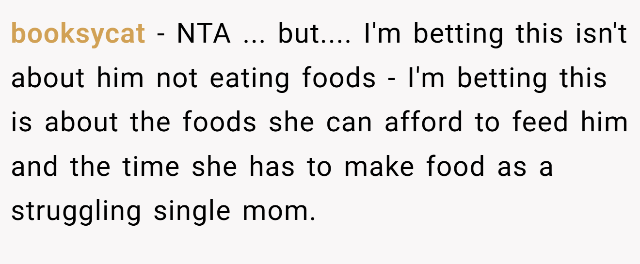 booksycat - NTA ... but.... I'm betting this isn't about him not eating foods - I'm betting this is about the foods she can afford to feed him and the time she has to make food as a struggling single mom.