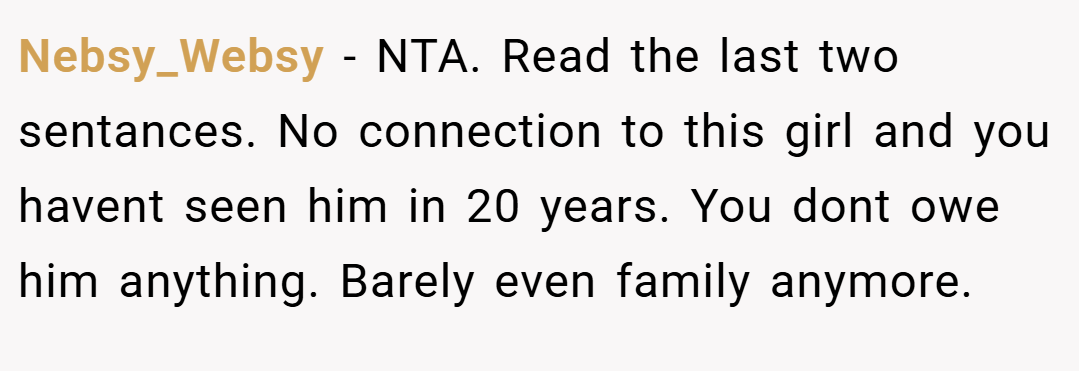 Nebsy_Websy − NTA. Read the last two sentances. No connection to this girl and you havent seen him in 20 years. You dont owe him anything. Barely even family anymore.
