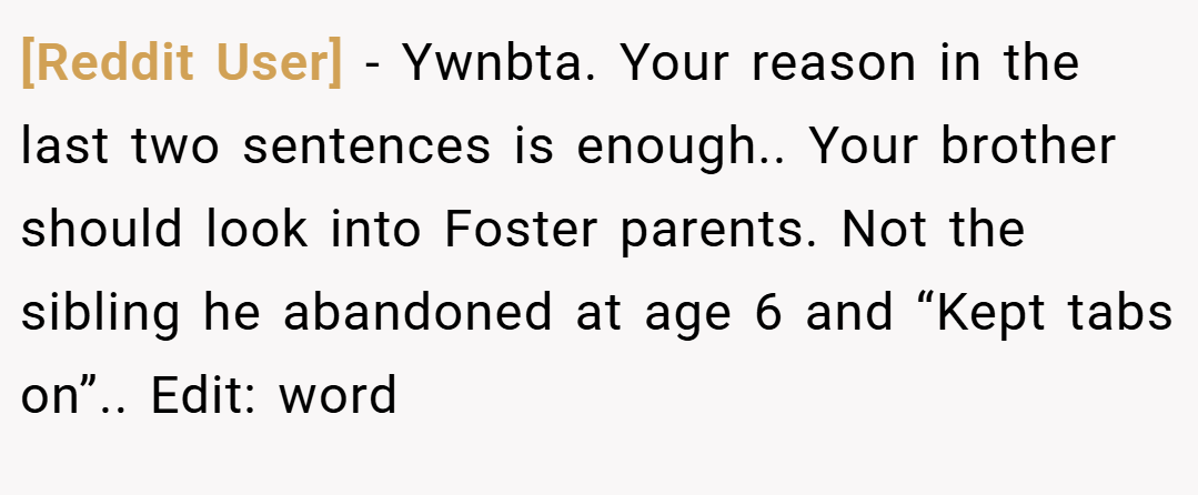 [Reddit User] − Ywnbta. Your reason in the last two sentences is enough.. Your brother should look into Foster parents. Not the sibling he abandoned at age 6 and “Kept tabs on”.. Edit: word