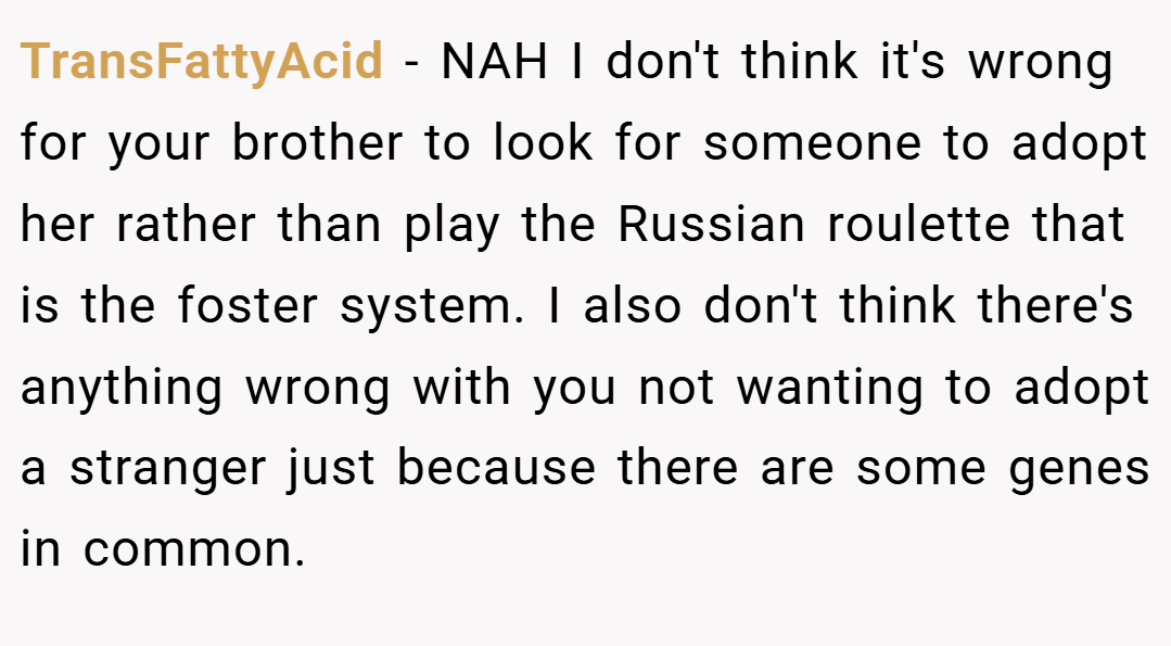 TransFattyAcid − NAH I don't think it's wrong for your brother to look for someone to adopt her rather than play the Russian roulette that is the foster system. I also don't think there's anything wrong with you not wanting to adopt a stranger just because there are some genes in common.