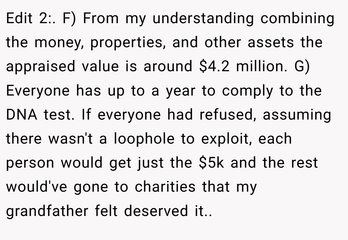Edit 2:. F) From my understanding combining the money, properties, and other assets the appraised value is around $4.2 million. G) Everyone has up to a year to comply to the DNA test. If everyone had refused, assuming there wasn't a loophole to exploit, each person would get just the $5k and the rest would've gone to charities that my grandfather felt deserved it..