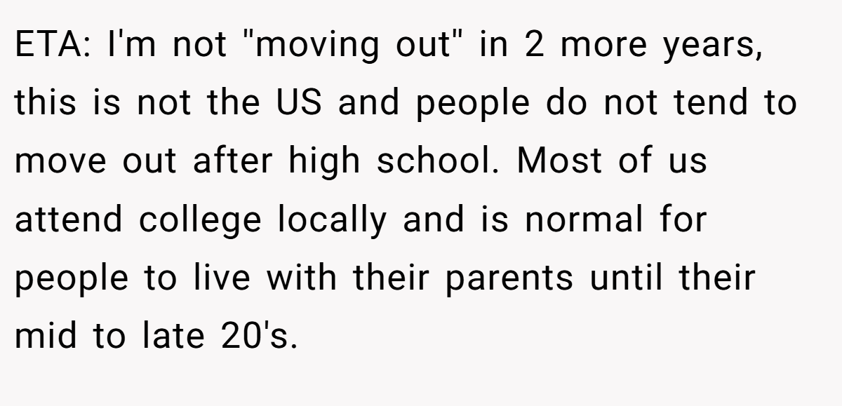 ETA: I'm not ''moving out'' in 2 more years, this is not the US and people do not tend to move out after high school. Most of us attend college locally and is normal for people to live with their parents until their mid to late 20's.