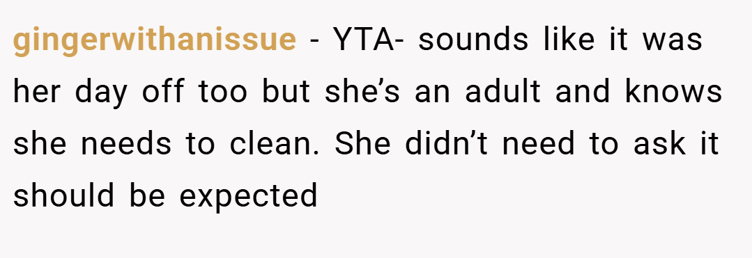 gingerwithanissue − YTA- sounds like it was her day off too but she’s an adult and knows she needs to clean. She didn’t need to ask it should be expected