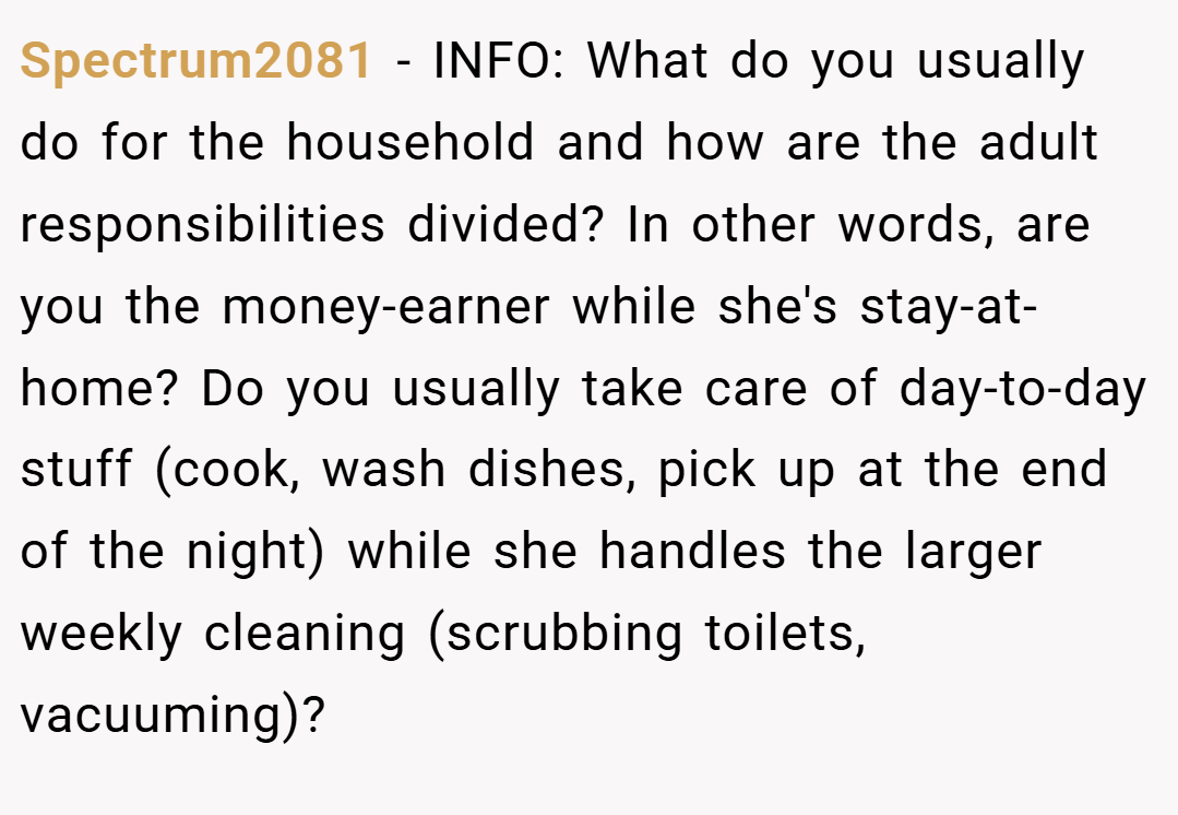 Spectrum2081 − INFO: What do you usually do for the household and how are the adult responsibilities divided? In other words, are you the money-earner while she's stay-at-home? Do you usually take care of day-to-day stuff (cook, wash dishes, pick up at the end of the night) while she handles the larger weekly cleaning (scrubbing toilets, vacuuming)?