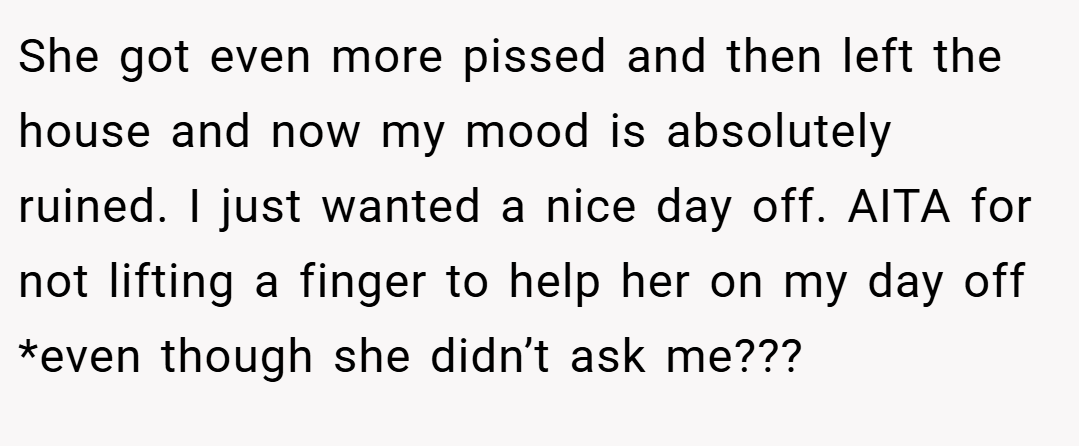She got even more pissed and then left the house and now my mood is absolutely ruined. I just wanted a nice day off. AITA for not lifting a finger to help her on my day off *even though she didn’t ask me???