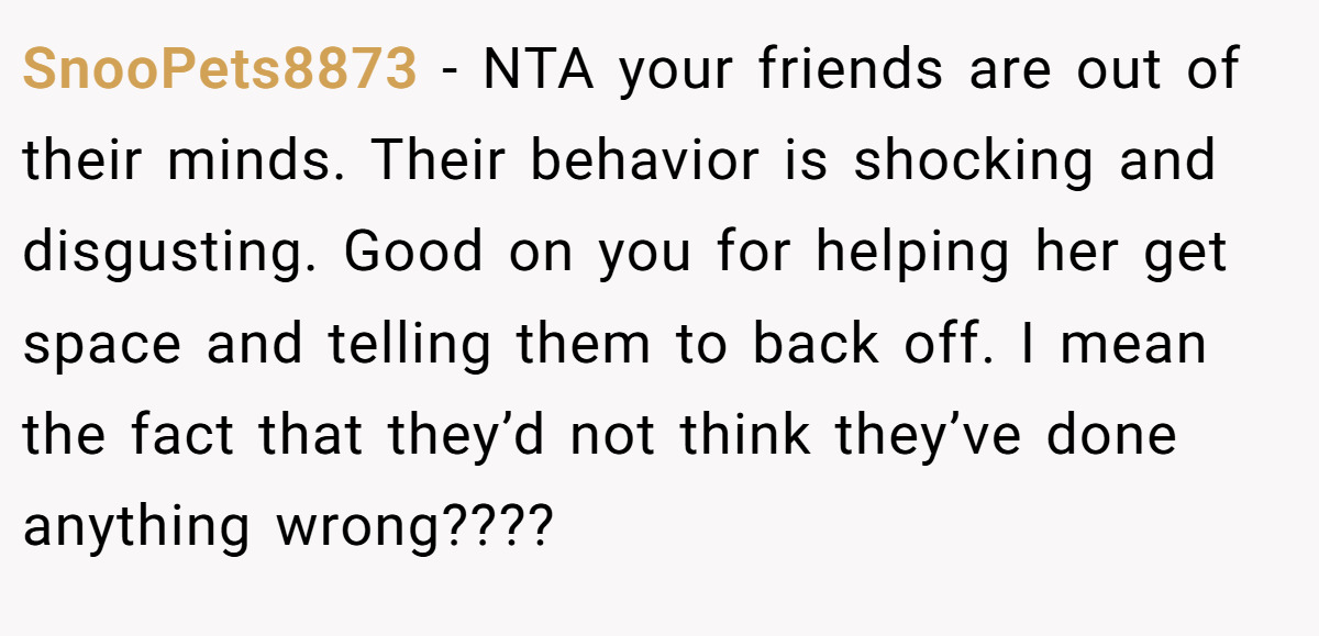 SnooPets8873 - NTA your friends are out of their minds. Their behavior is shocking and disgusting. Good on you for helping her get space and telling them to back off. I mean the fact that they’d not think they’ve done anything wrong????