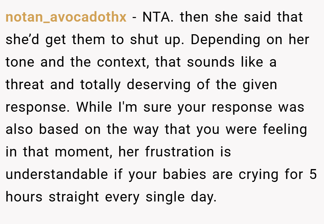 notan_avocadothx − NTA. then she said that she’d get them to shut up. Depending on her tone and the context, that sounds like a threat and totally deserving of the given response. While I'm sure your response was also based on the way that you were feeling in that moment, her frustration is understandable if your babies are crying for 5 hours straight every single day.
