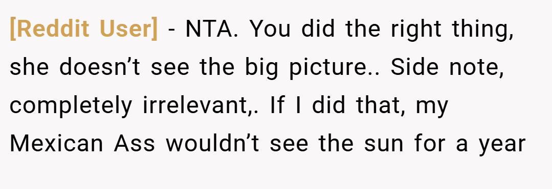 [Reddit User] − NTA. You did the right thing, she doesn’t see the big picture.. Side note, completely irrelevant,. If I did that, my Mexican Ass wouldn’t see the sun for a year