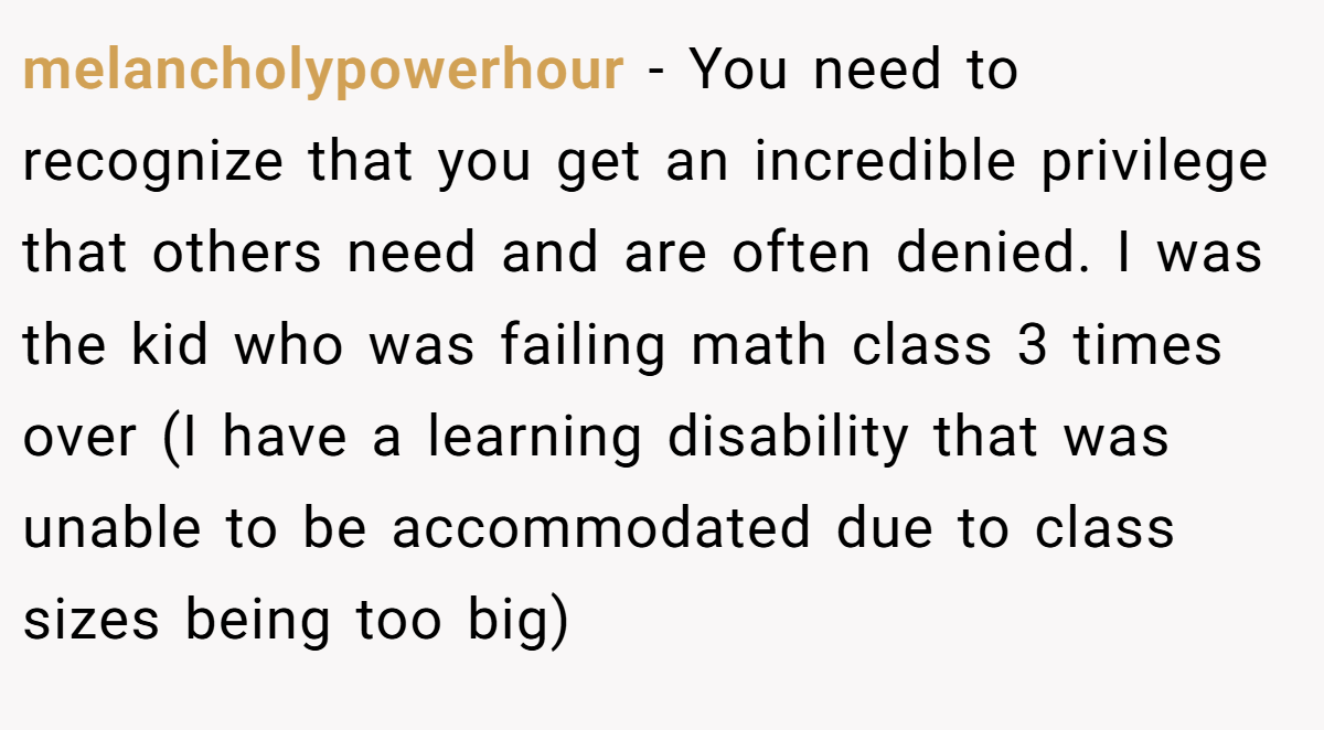 melancholypowerhour − You need to recognize that you get an incredible privilege that others need and are often denied. I was the kid who was failing math class 3 times over (I have a learning disability that was unable to be accommodated due to class sizes being too big)