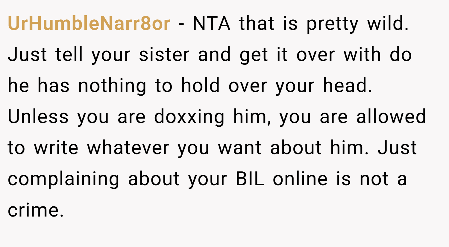 UrHumbleNarr8or − NTA that is pretty wild. Just tell your sister and get it over with do he has nothing to hold over your head. Unless you are doxxing him, you are allowed to write whatever you want about him. Just complaining about your BIL online is not a crime.