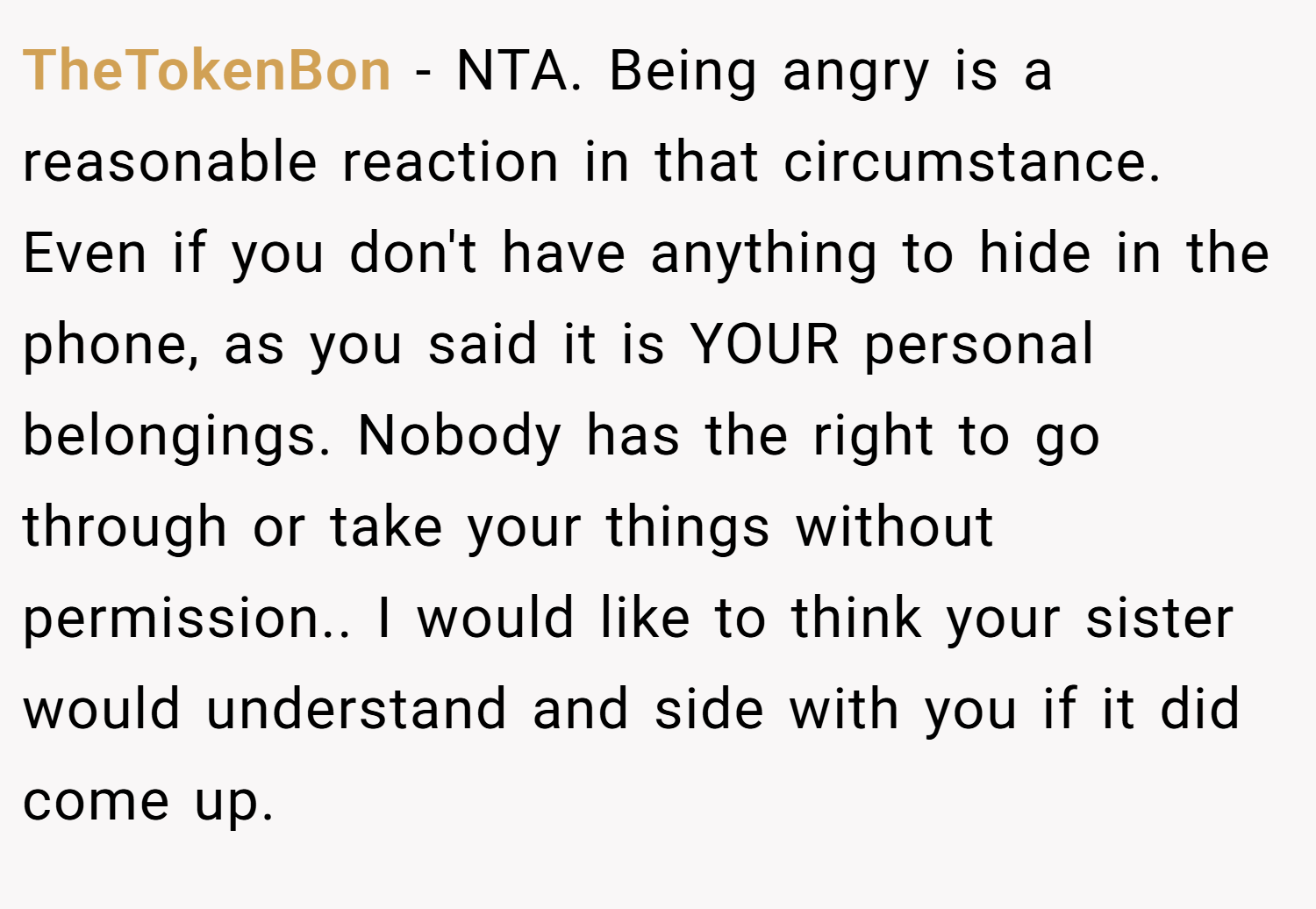TheTokenBon − NTA. Being angry is a reasonable reaction in that circumstance. Even if you don't have anything to hide in the phone, as you said it is YOUR personal belongings. Nobody has the right to go through or take your things without permission.. I would like to think your sister would understand and side with you if it did come up.