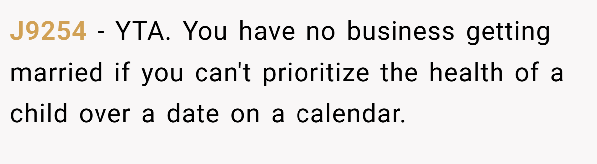 J9254 - YTA. You have no business getting married if you can't prioritize the health of a child over a date on a calendar.