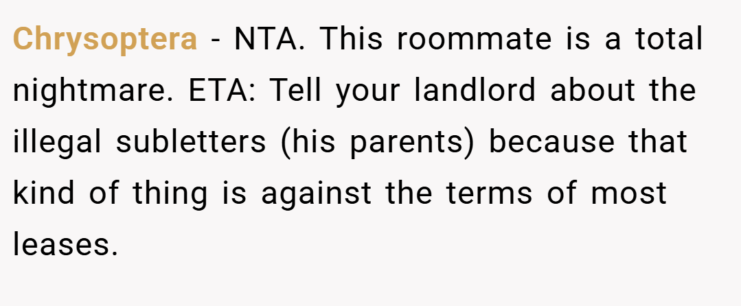 Chrysoptera − NTA. This roommate is a total nightmare. ETA: Tell your landlord about the illegal subletters (his parents) because that kind of thing is against the terms of most leases.