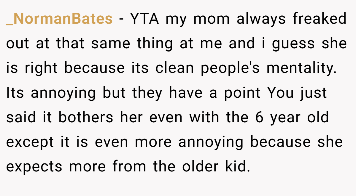 _NormanBates − YTA my mom always freaked out at that same thing at me and i guess she is right because its clean people's mentality. Its annoying but they have a point You just said it bothers her even with the 6 year old except it is even more annoying because she expects more from the older kid.