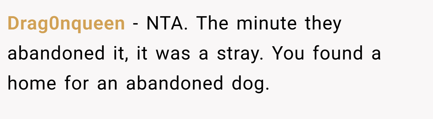 Drag0nqueen − NTA. The minute they abandoned it, it was a stray. You found a home for an abandoned dog.