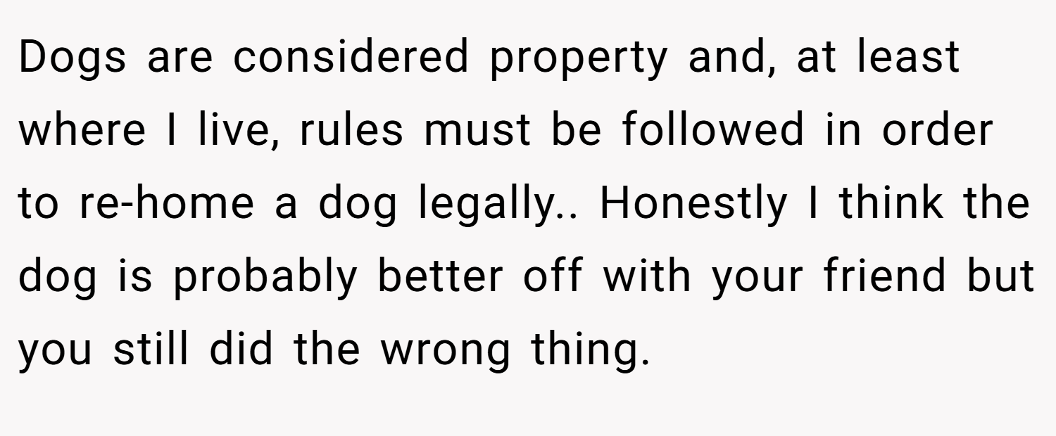 Dogs are considered property and, at least where I live, rules must be followed in order to re-home a dog legally.. Honestly I think the dog is probably better off with your friend but you still did the wrong thing.