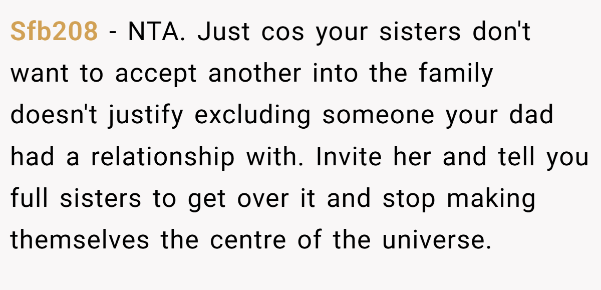 Sfb208 − NTA. Just cos your sisters don't want to accept another into the family doesn't justify excluding someone your dad had a relationship with. Invite her and tell you full sisters to get over it and stop making themselves the centre of the universe.