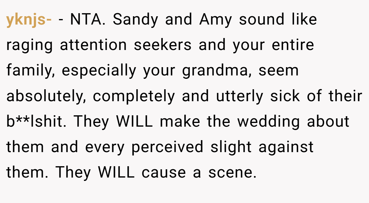 yknjs- − NTA. Sandy and Amy sound like raging attention seekers and your entire family, especially your grandma, seem absolutely, completely and utterly sick of their b**lshit. They WILL make the wedding about them and every perceived slight against them. They WILL cause a scene.