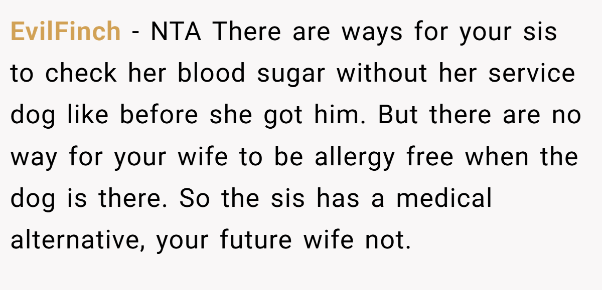 EvilFinch − NTA There are ways for your sis to check her blood sugar without her service dog like before she got him. But there are no way for your wife to be allergy free when the dog is there. So the sis has a medical alternative, your future wife not.