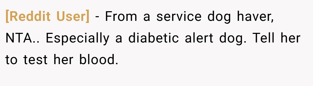 [Reddit User] − From a service dog haver, NTA.. Especially a diabetic alert dog. Tell her to test her blood.