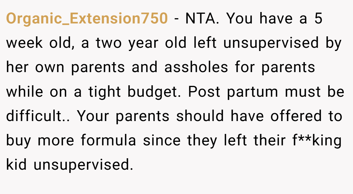 Organic_Extension750 − NTA. You have a 5 week old, a two year old left unsupervised by her own parents and assholes for parents while on a tight budget. Post partum must be difficult.. Your parents should have offered to buy more formula since they left their f**king kid unsupervised.
