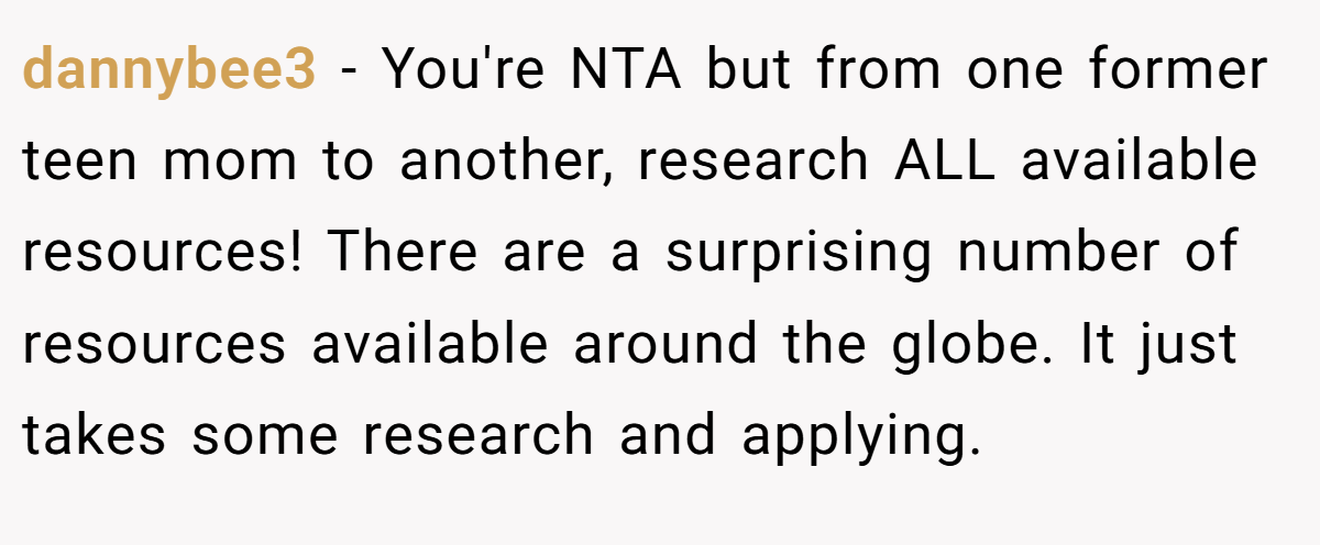 dannybee3 − You're NTA but from one former teen mom to another, research ALL available resources! There are a surprising number of resources available around the globe. It just takes some research and applying.