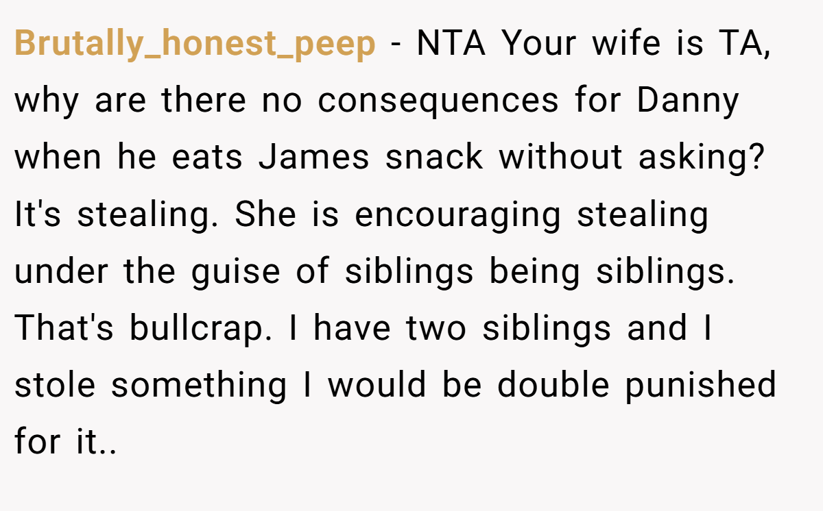 Brutally_honest_peep − NTA Your wife is TA, why are there no consequences for Danny when he eats James snack without asking? It's stealing. She is encouraging stealing under the guise of siblings being siblings. That's bullcrap. I have two siblings and I stole something I would be double punished for it..