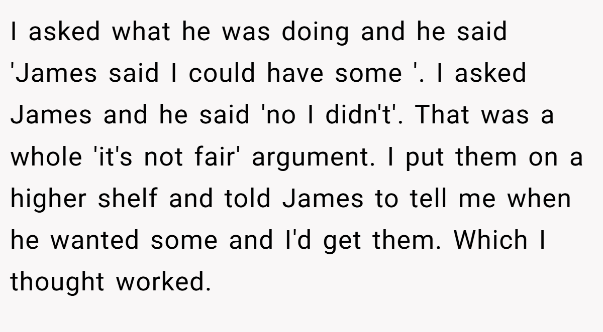 I asked what he was doing and he said 'James said I could have some '. I asked James and he said 'no I didn't'. That was a whole 'it's not fair' argument. I put them on a higher shelf and told James to tell me when he wanted some and I'd get them. Which I thought worked.