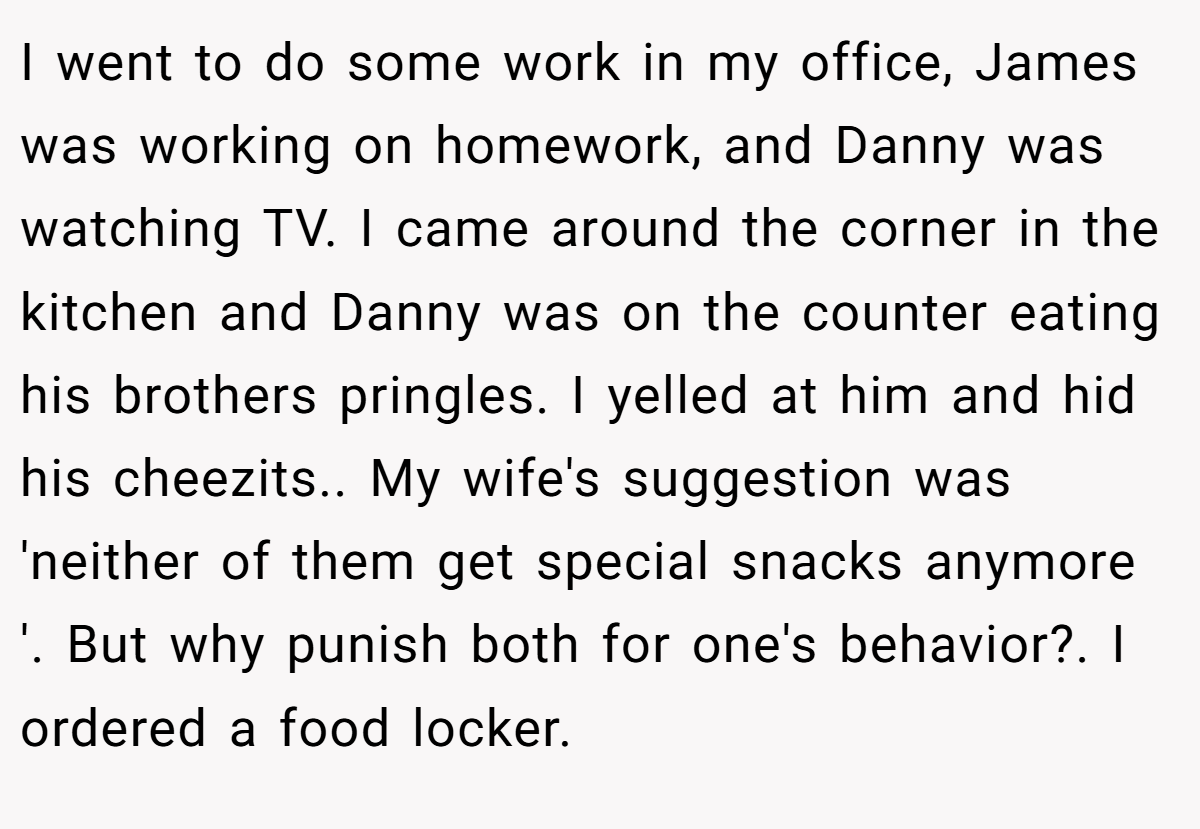 I went to do some work in my office, James was working on homework, and Danny was watching TV. I came around the corner in the kitchen and Danny was on the counter eating his brothers pringles. I yelled at him and hid his cheezits.. My wife's suggestion was 'neither of them get special snacks anymore '. But why punish both for one's behavior?. I ordered a food locker.