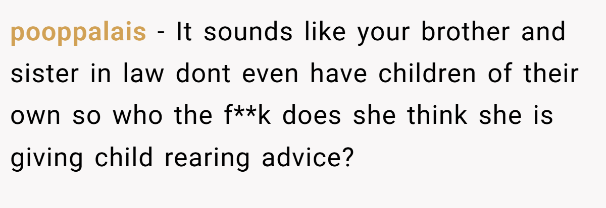 pooppalais − It sounds like your brother and sister in law dont even have children of their own so who the f**k does she think she is giving child rearing advice?
