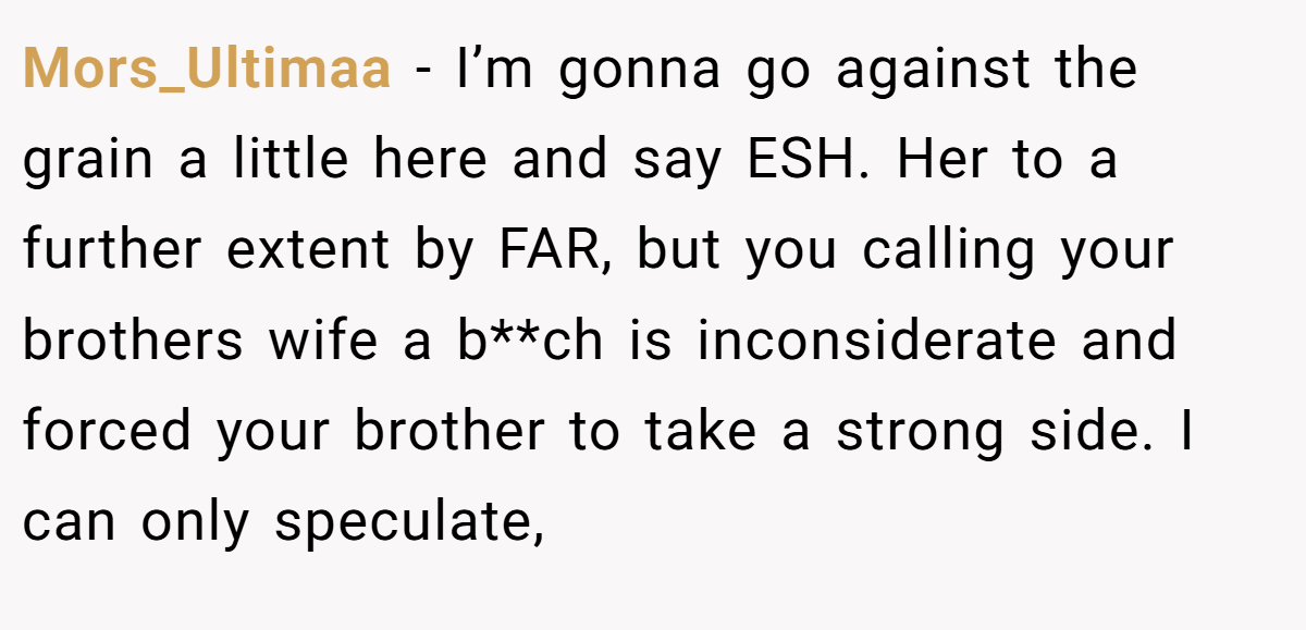 Mors_Ultimaa − I’m gonna go against the grain a little here and say ESH. Her to a further extent by FAR, but you calling your brothers wife a b**ch is inconsiderate and forced your brother to take a strong side. I can only speculate,