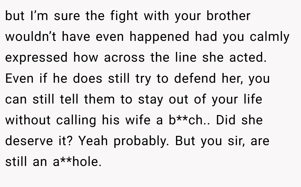 but I’m sure the fight with your brother wouldn’t have even happened had you calmly expressed how across the line she acted. Even if he does still try to defend her, you can still tell them to stay out of your life without calling his wife a b**ch.. Did she deserve it? Yeah probably. But you sir, are still an a**hole.