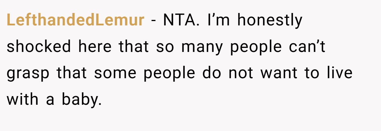 LefthandedLemur - NTA. I’m honestly shocked here that so many people can’t grasp that some people do not want to live with a baby.