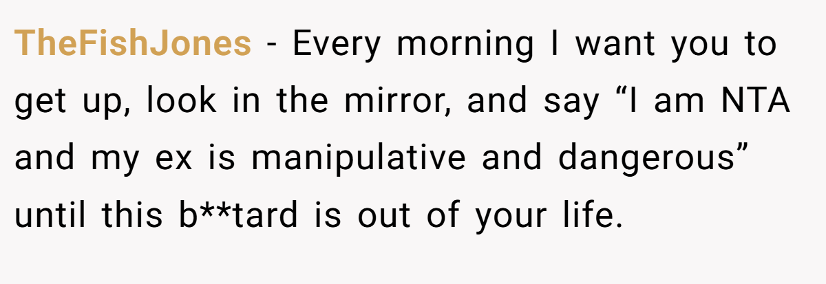 TheFishJones − Every morning I want you to get up, look in the mirror, and say “I am NTA and my ex is manipulative and dangerous” until this b**tard is out of your life.