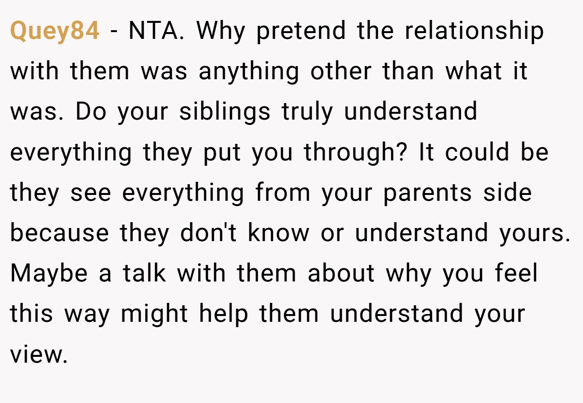 Quey84 − NTA. Why pretend the relationship with them was anything other than what it was. Do your siblings truly understand everything they put you through? It could be they see everything from your parents side because they don't know or understand yours. Maybe a talk with them about why you feel this way might help them understand your view.